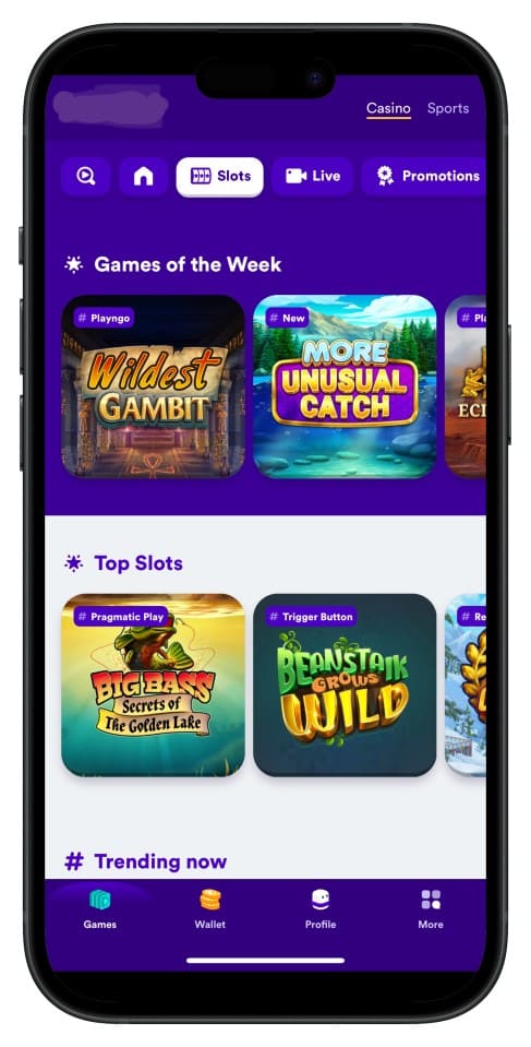 Screenshot showing 499bt App interface with intuitive menus and game choices